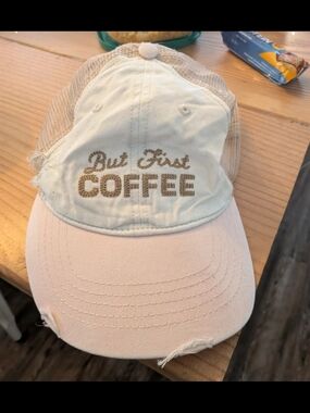 Women’s Distressed Trucker Hat "But First Coffee" in Cream and Light Pink